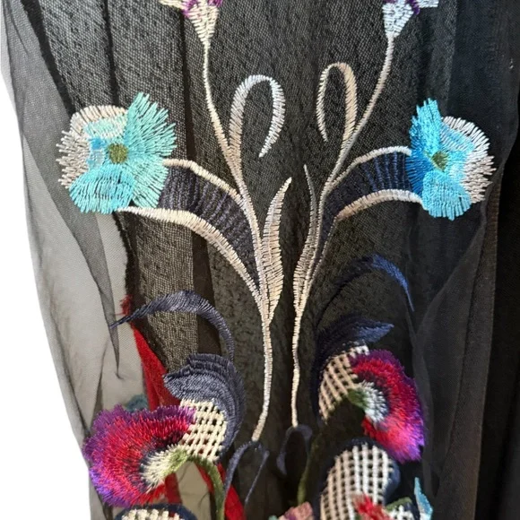 Nextmia Black Sheer Embroidered Floral Duster Kimono Long Sz 24 Black Red Blue - Picture 4 of 7
